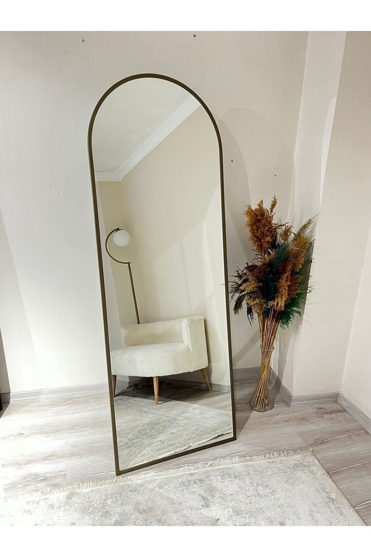 Metal Çerçeve Gold Eskitme Oval Ayaklı Boy Aynası 65x180