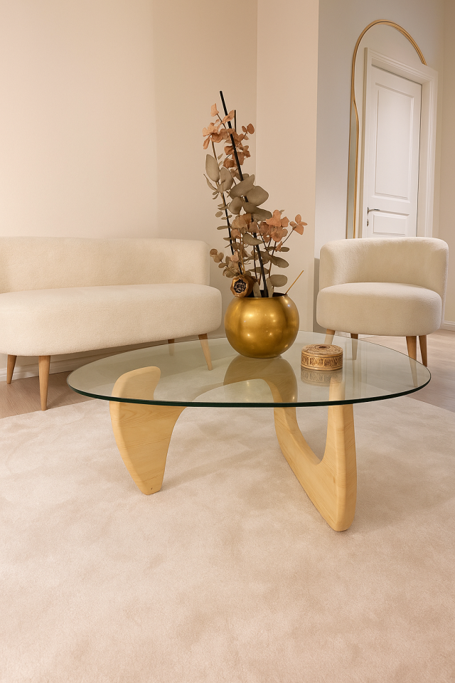 Naturel Ahşap Modern Cam Orta Sehpa 90x65 (8 mm Temperli Cam KIRILMAZ)