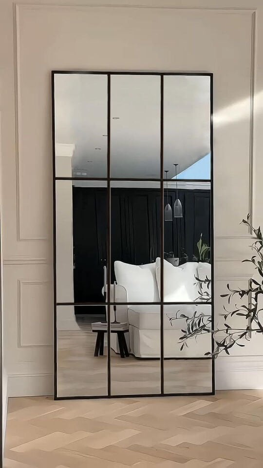 Siyah Metal Çerçeveli Dekoratif Pencere Model Duvar Aynası 80x180