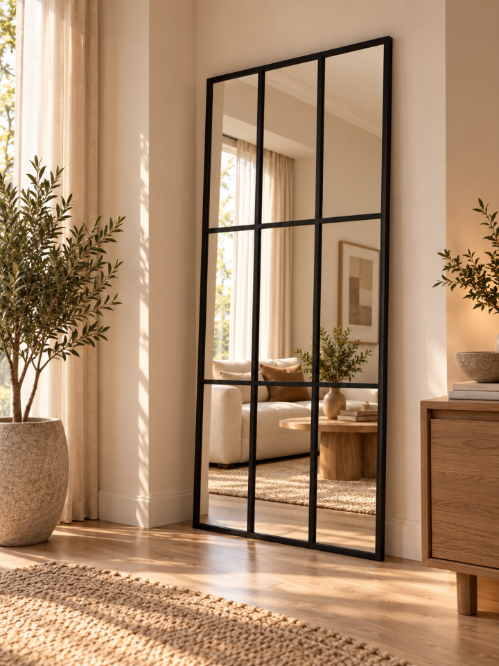 Siyah Metal Çerçeveli Dekoratif Pencere Model Duvar Aynası 80x180