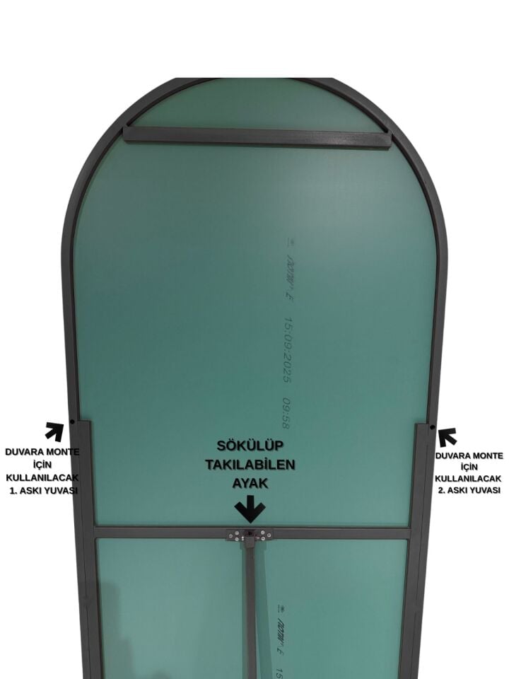 Duvara Monte Siyah Metal Çerçeve Oval Boy Aynası 65x180