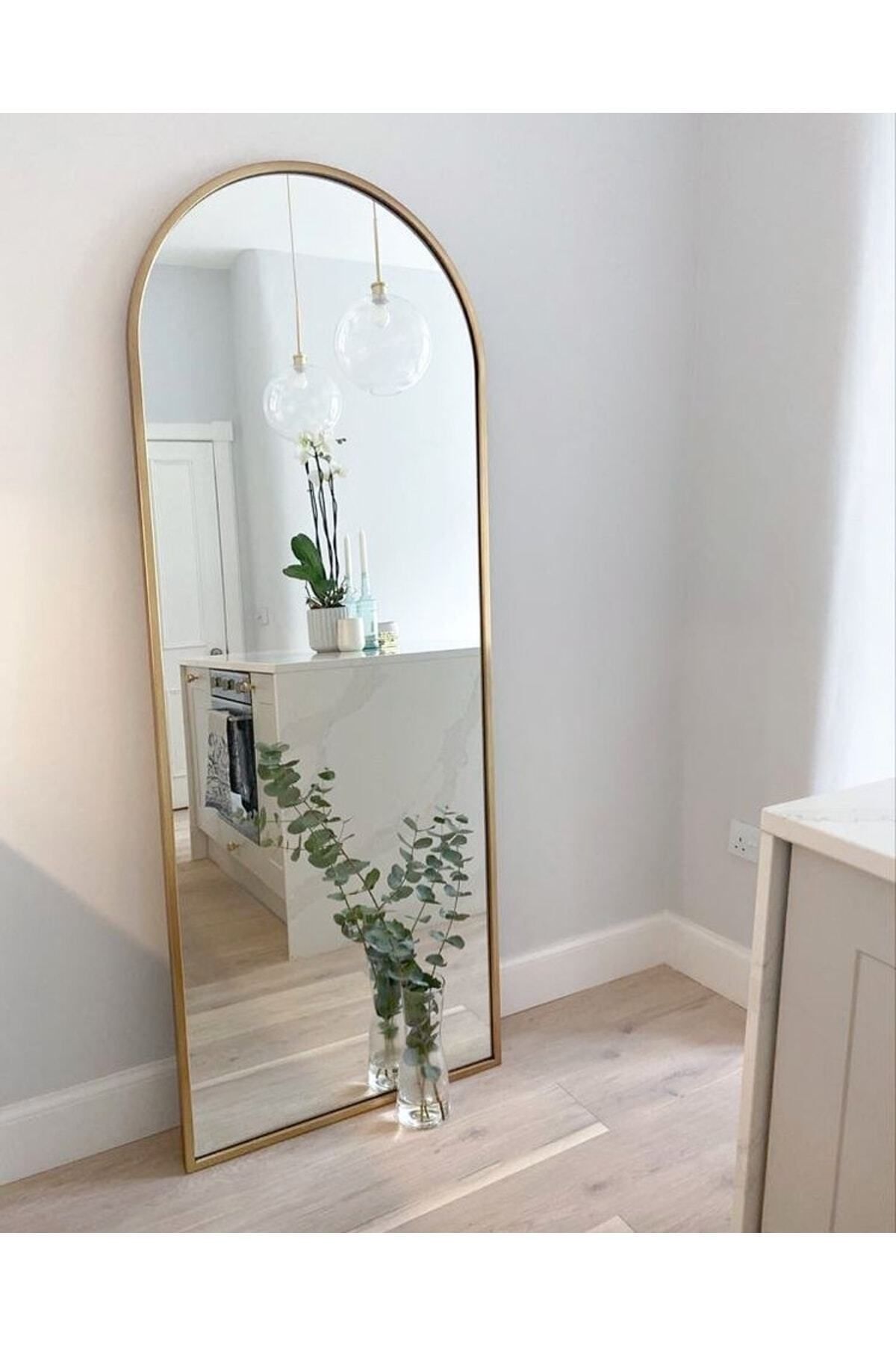 Duvara Monte Gold Metal Çerçeve Oval Boy Aynası 65x180