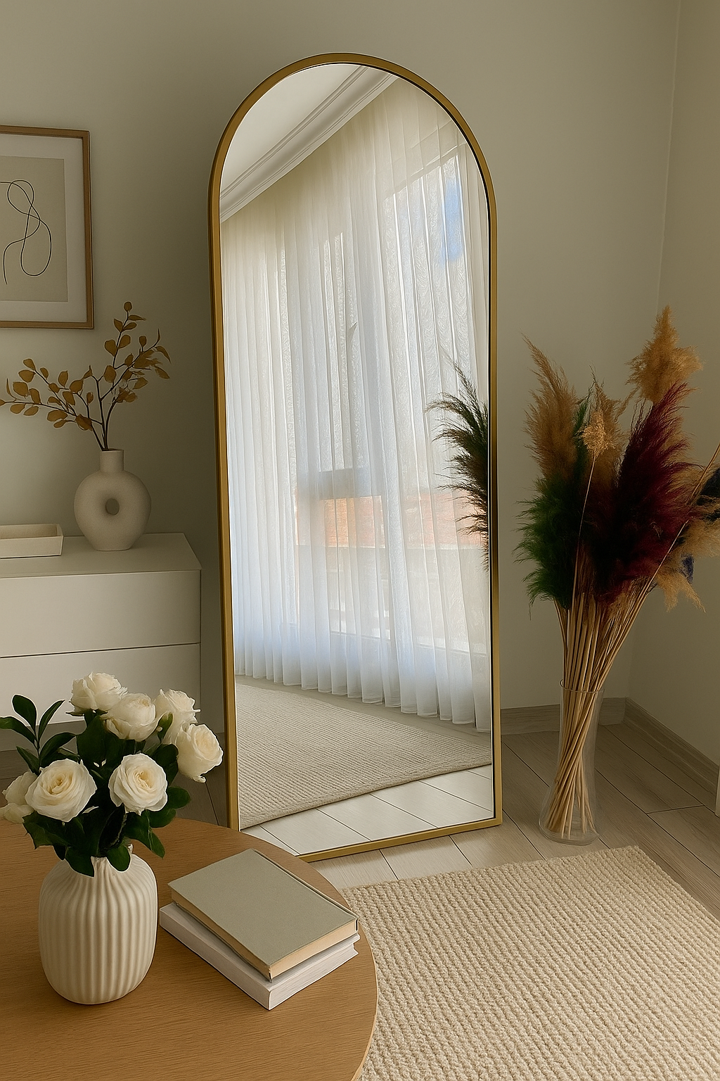 Duvara Monte Gold Metal Çerçeve Oval Boy Aynası 65x180