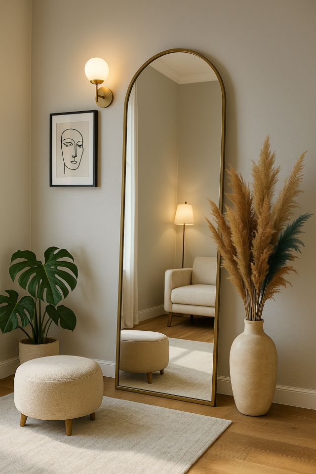 Duvara Monte Metal Çerçeve Eskitme Oval Boy Aynası 65x180 Cm