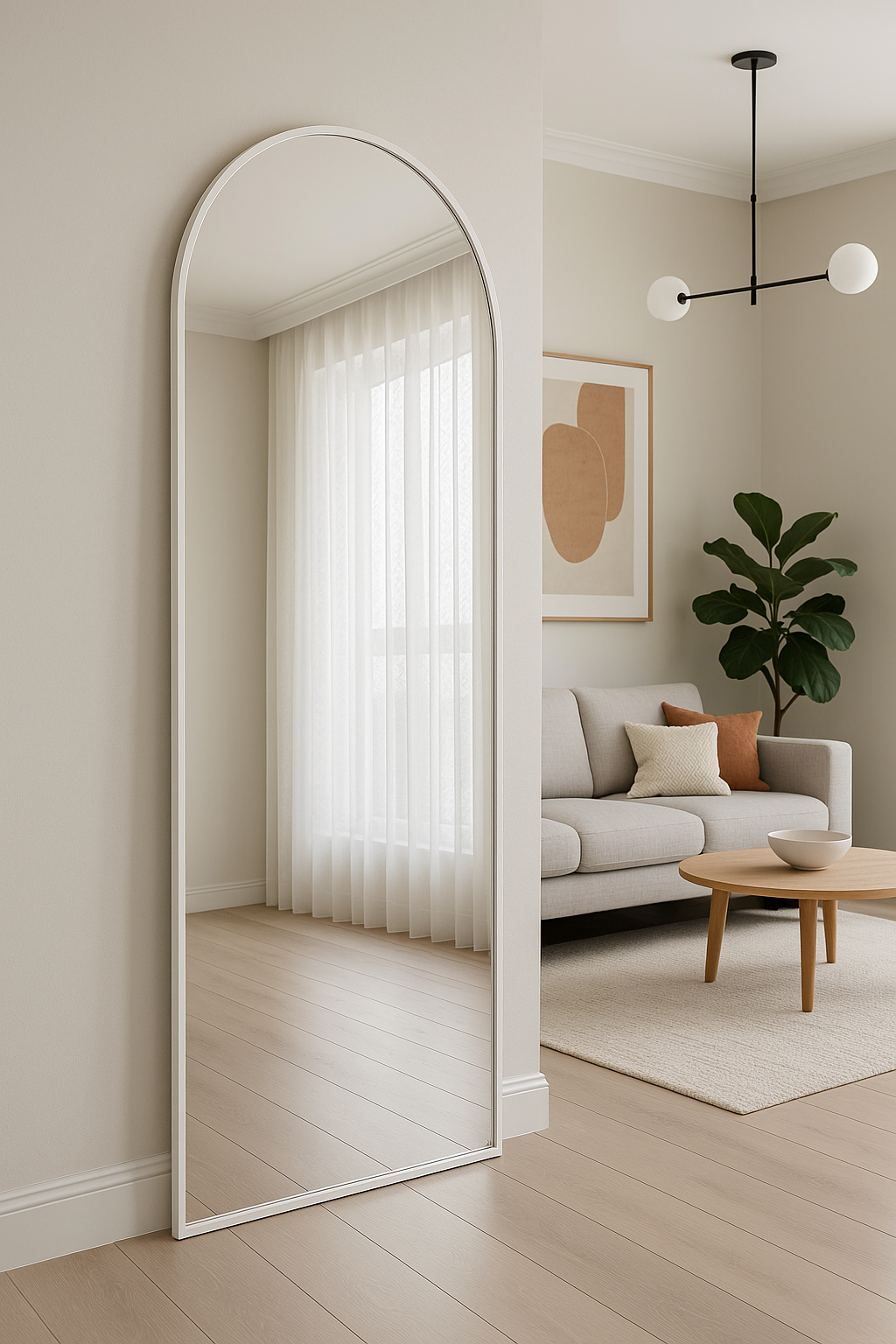 Duvara Monte Beyaz Metal Çerçeve Oval Boy Aynası 60x180