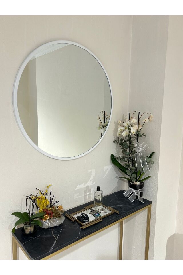 Metal Beyaz Yuvarlak Ayna Çap 80 Cm