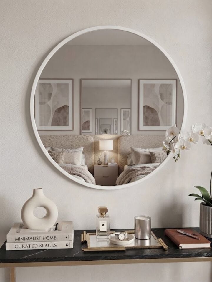 Beyaz Metal Çerçeveli Yuvarlak Ayna 80 cm