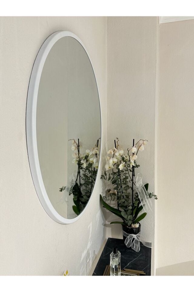 Metal Beyaz Dekoratif Yuvarlak Ayna Çap 70 Cm