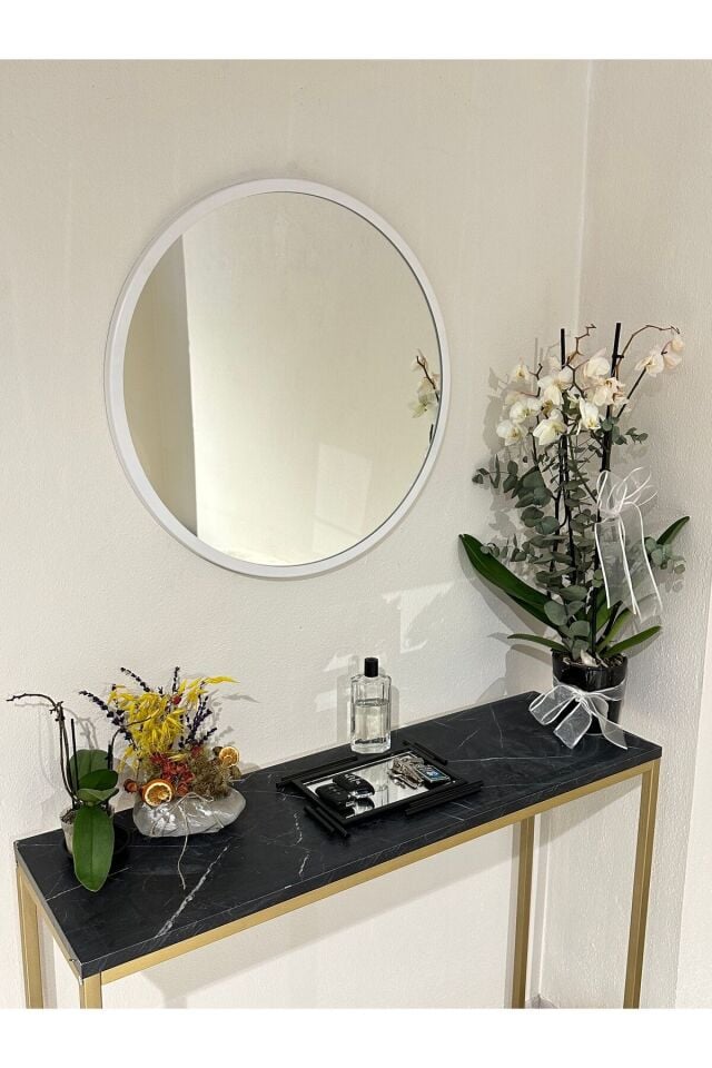 Metal Beyaz Dekoratif Yuvarlak Ayna Çap 60 Cm