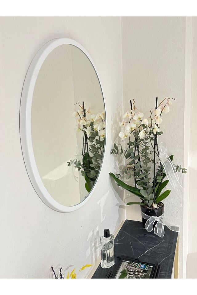 Metal Beyaz Dekoratif Yuvarlak Ayna Çap 60 Cm