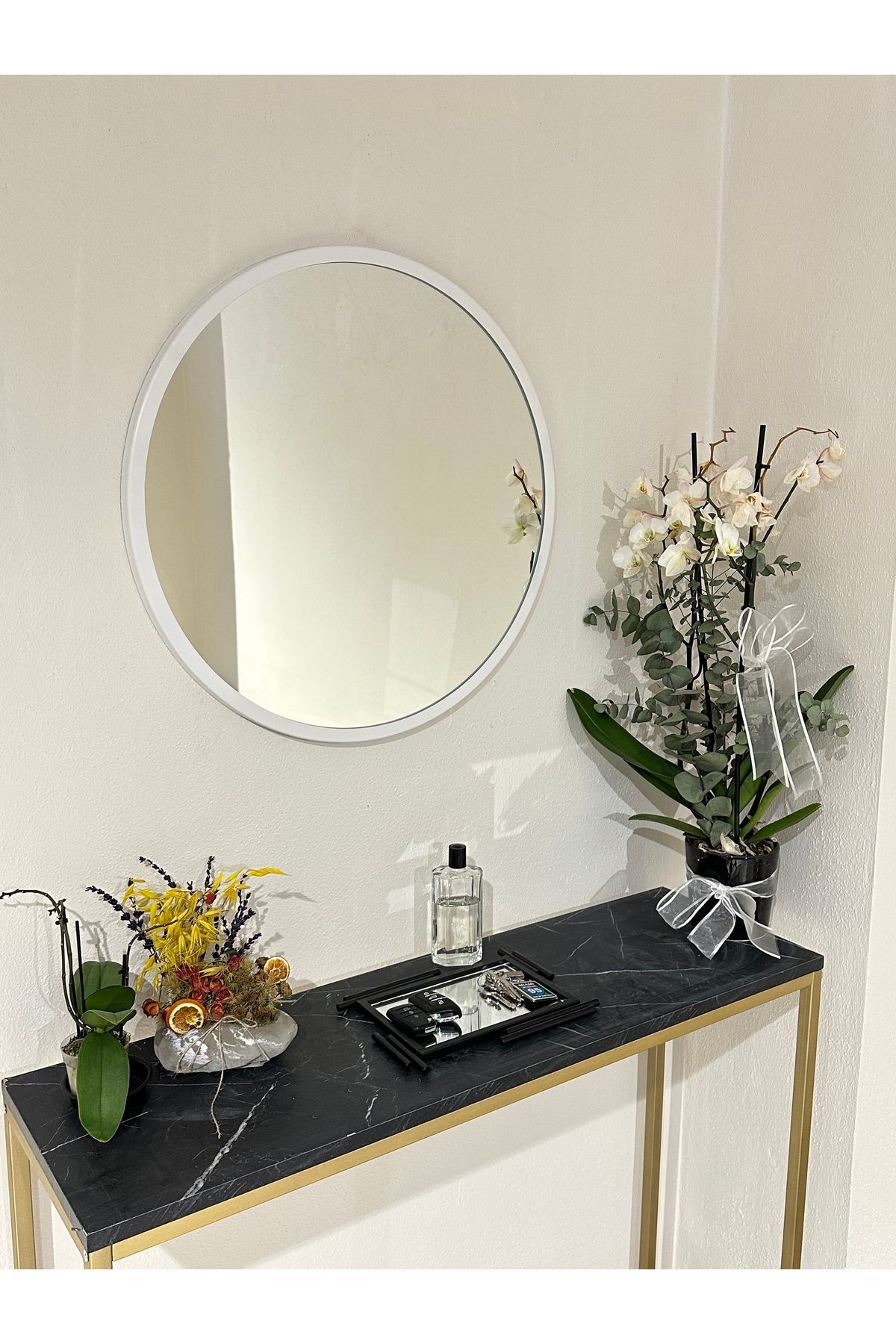 Metal Beyaz Dekoratif Yuvarlak Ayna Çap 60 Cm