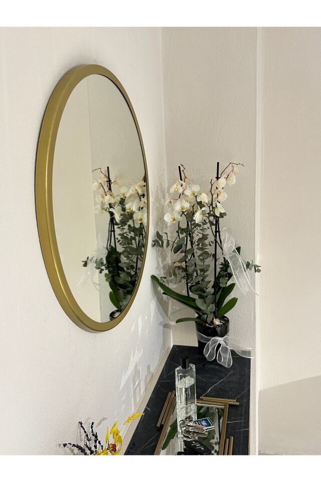 Metal Gold Dekoratif Yuvarlak Ayna Çap 50 Cm