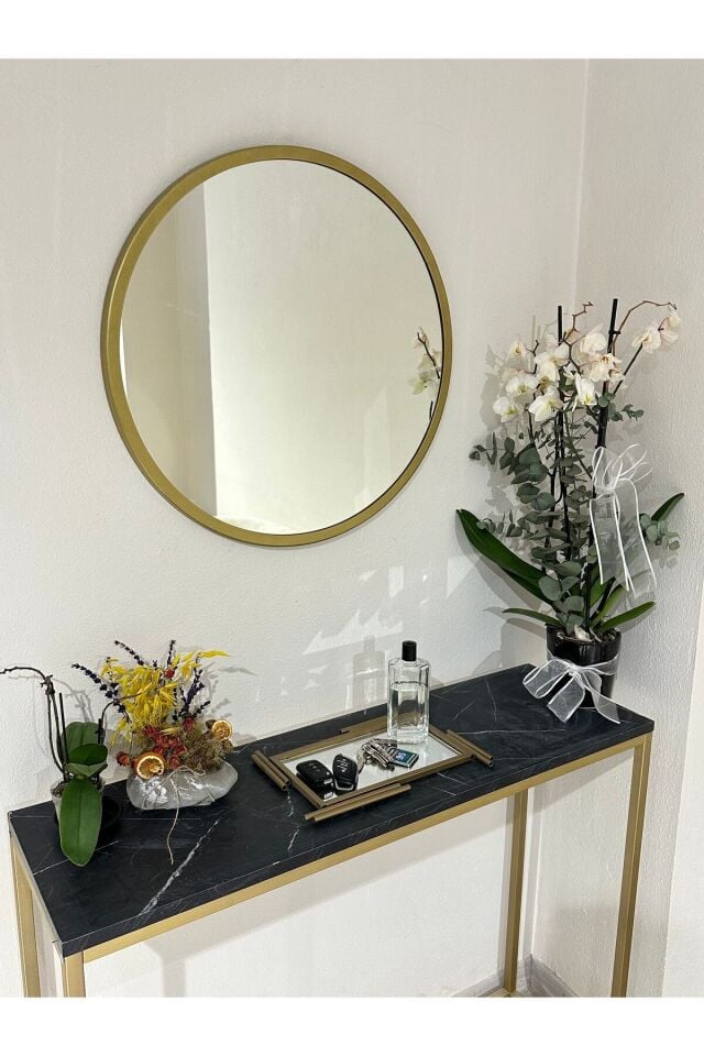 Metal Gold Dekoratif Yuvarlak Ayna Çap 50 Cm