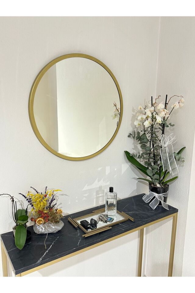 Metal Gold Dekoratif Yuvarlak Ayna Çap 60 Cm
