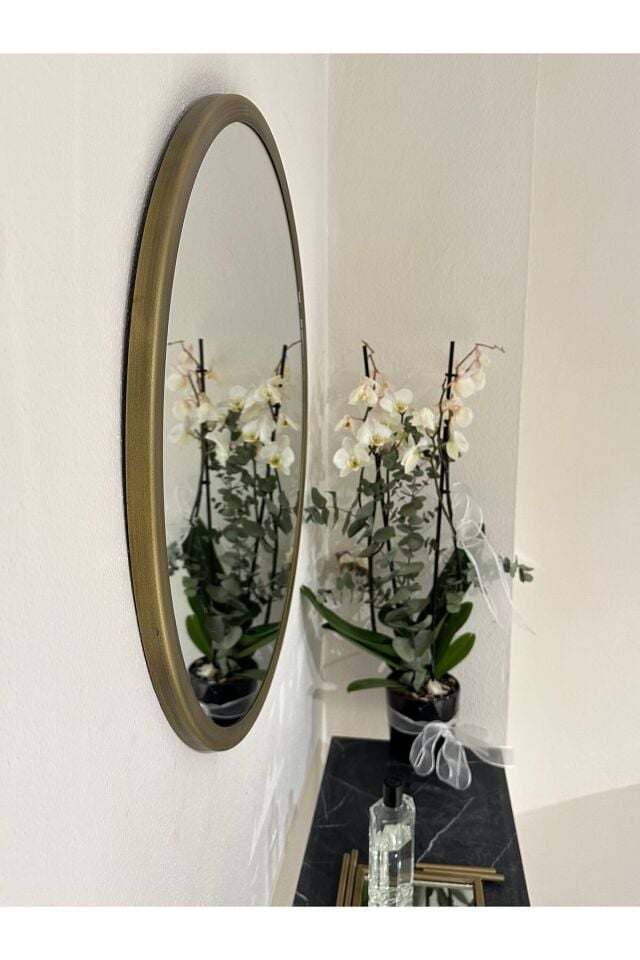 Metal Çerçeve Pirinç Eskitme Dekoratif Yuvarlak Ayna Çap 60 Cm