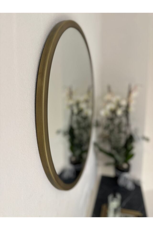 Metal Çerçeve Pirinç Eskitme Dekoratif Yuvarlak Ayna Çap 60 Cm