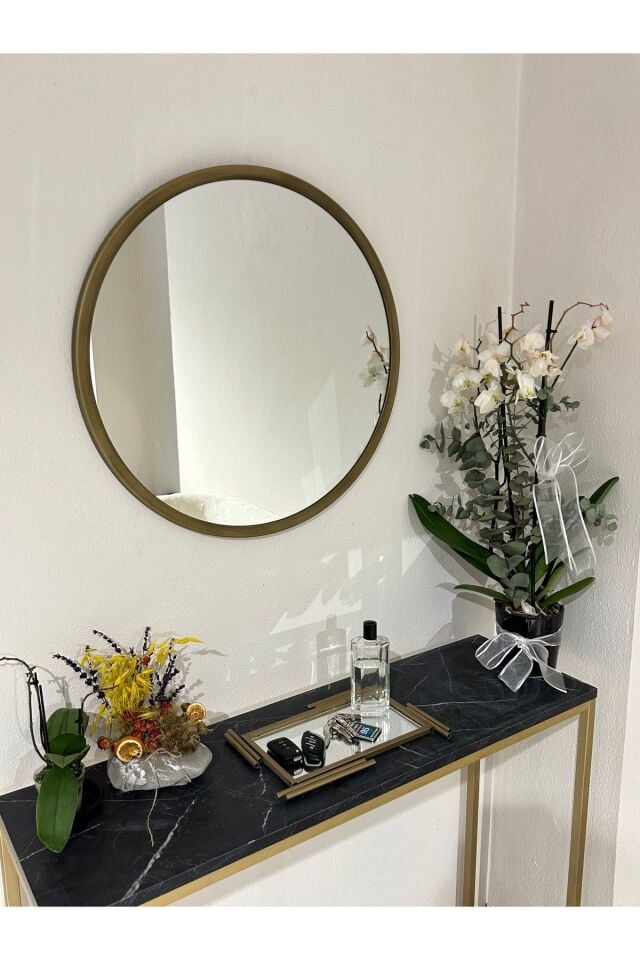 Metal Çerçeve Pirinç Eskitme Dekoratif Yuvarlak Ayna Çap 60 Cm