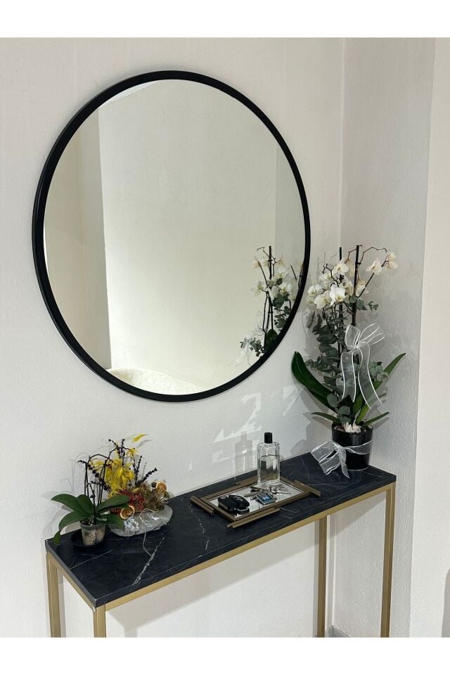 Metal Siyah Dekoratif Yuvarlak Ayna Çap 80 Cm