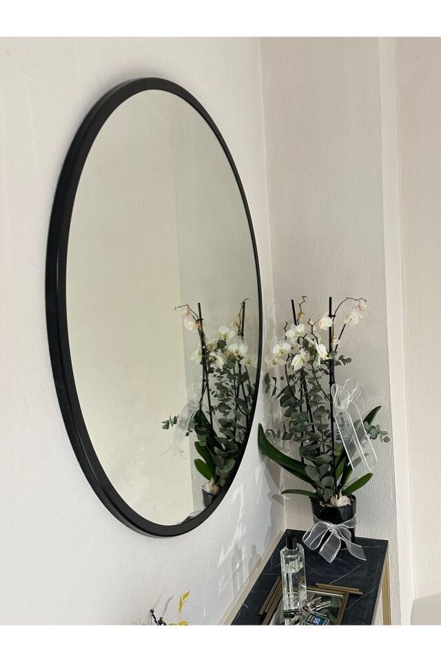 Metal Siyah Dekoratif Yuvarlak Ayna Çap 80 Cm