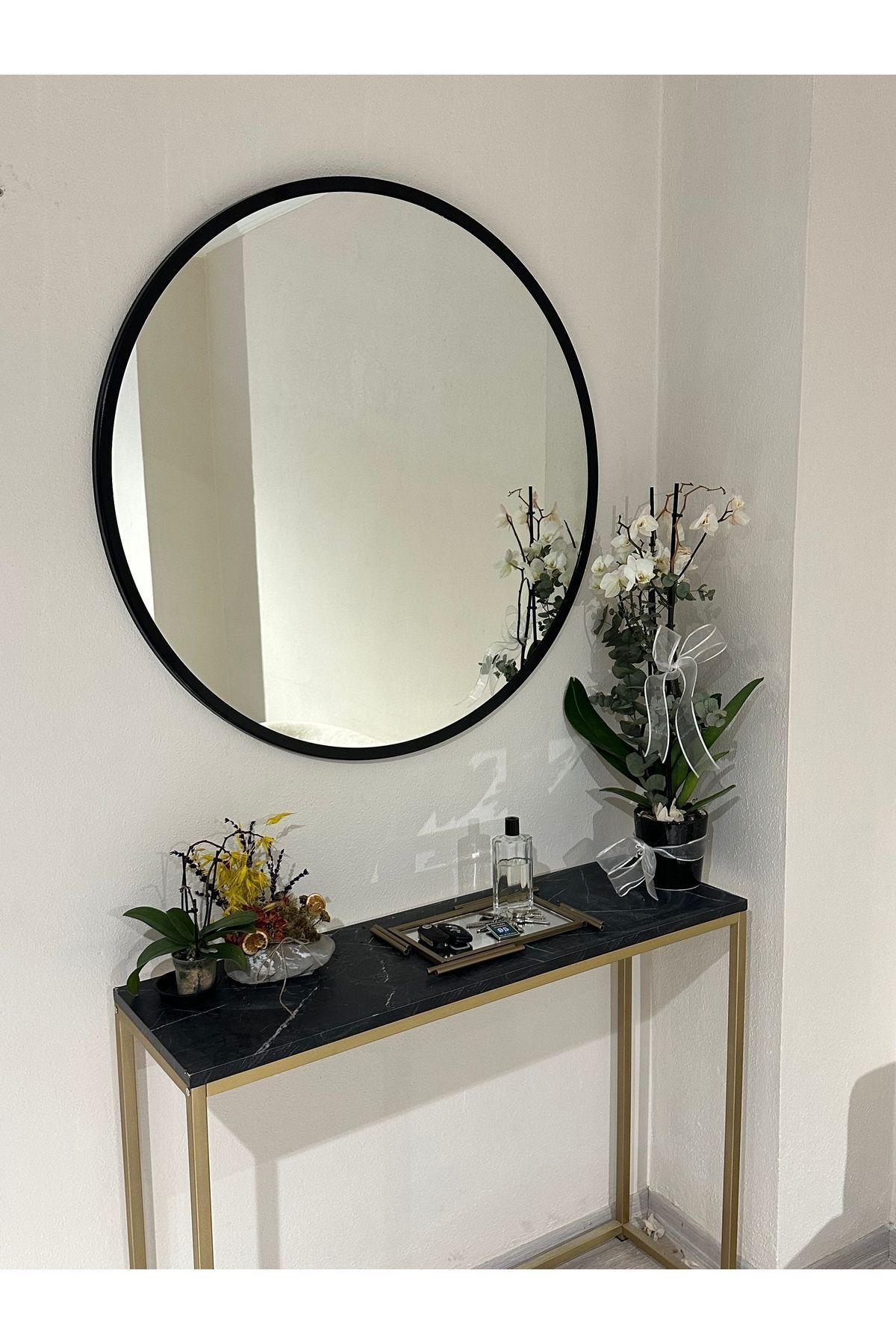 Metal Siyah Dekoratif Yuvarlak Ayna Çap 80 Cm