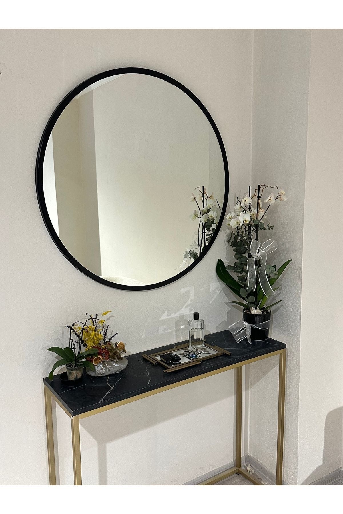 Metal Siyah Dekoratif Yuvarlak Ayna Çap 80 Cm