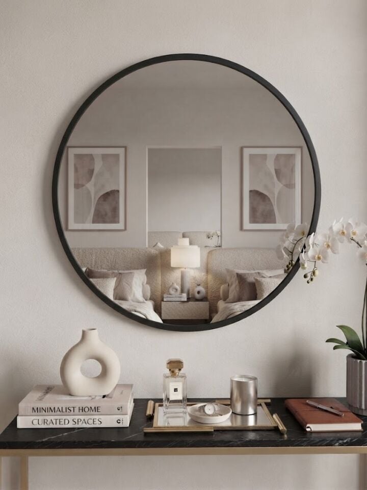 Siyah Metal Çerçeveli Yuvarlak Ayna 80 cm