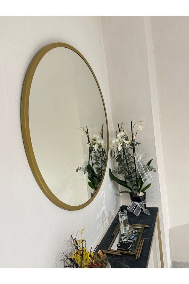 Metal Gold Dekoratif Yuvarlak Ayna Çap 70 Cm
