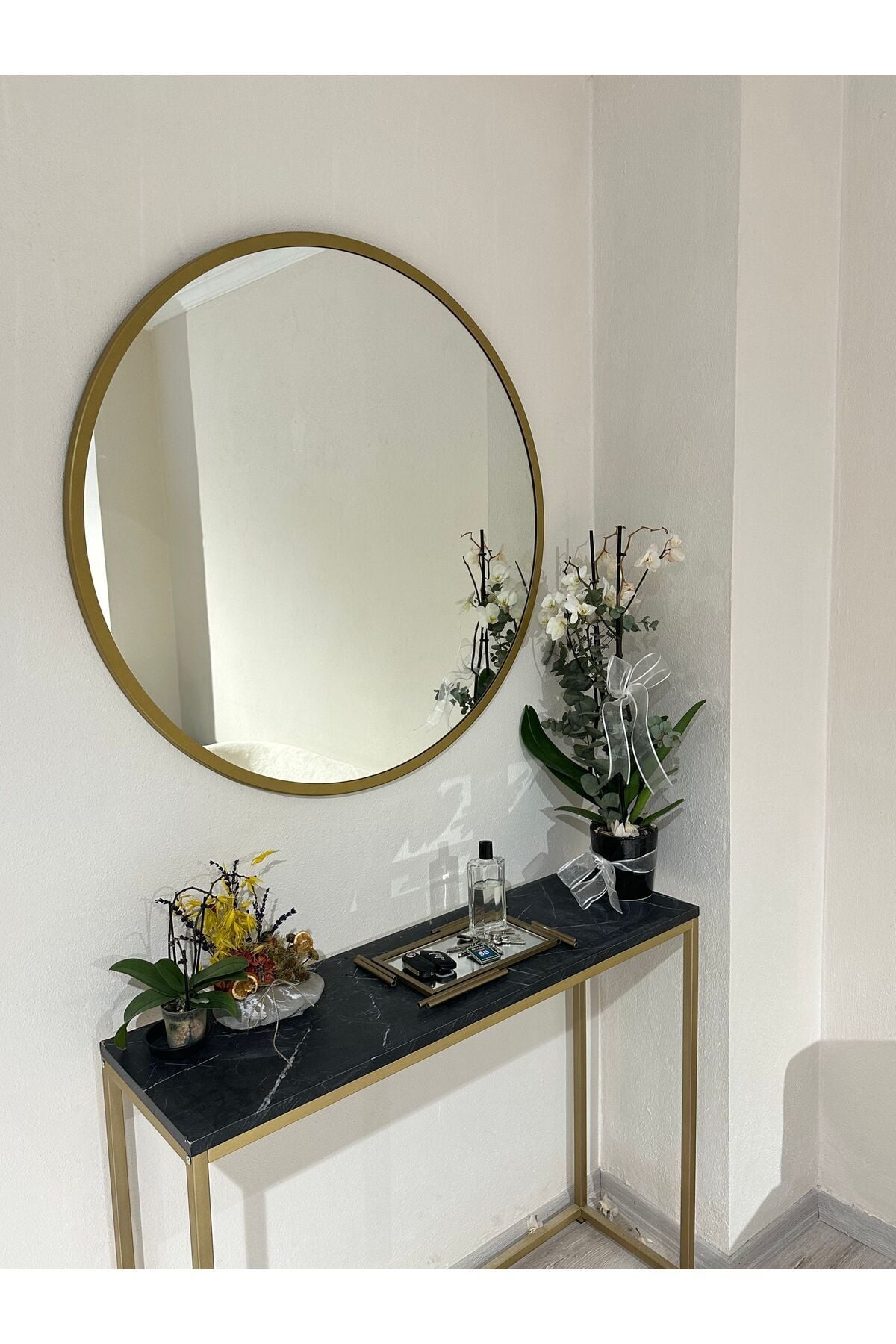 Metal Gold Dekoratif Yuvarlak Ayna Çap 70 Cm