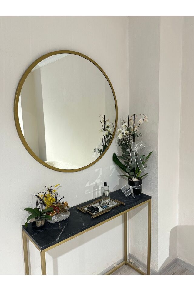Metal Gold Dekoratif Yuvarlak Ayna Çap 70 Cm