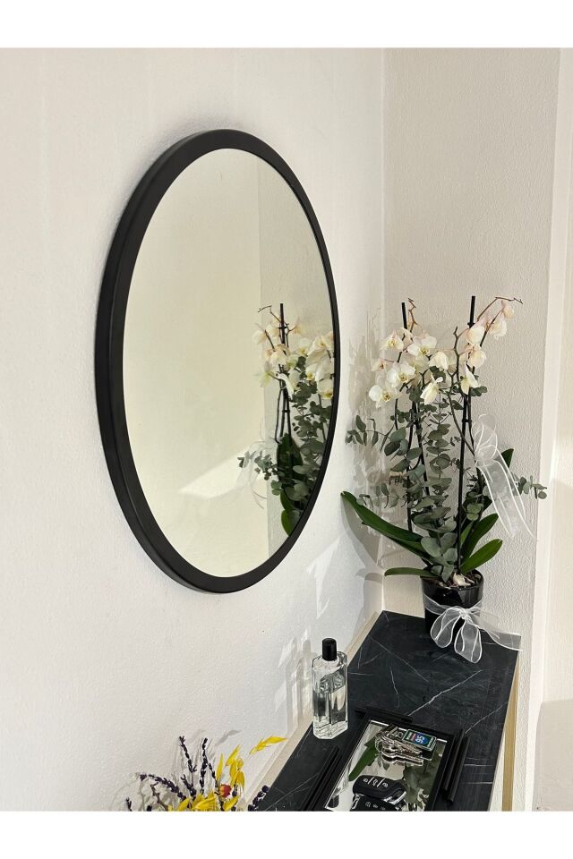 Metal Siyah Dekoratif Yuvarlak Ayna Çap 60 Cm