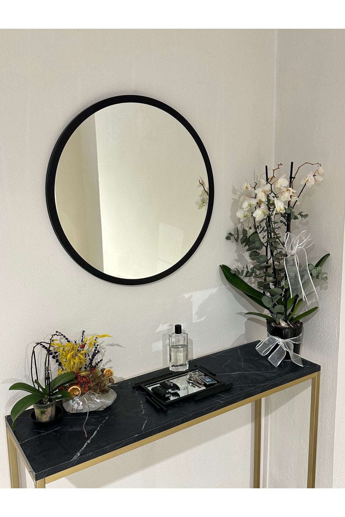 Metal Siyah Dekoratif Yuvarlak Ayna Çap 60 Cm