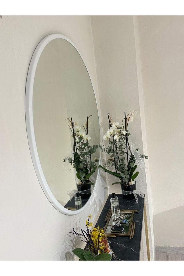 Metal Çerçeve Beyaz Dekoratif Yuvarlak Ayna Çap 90 Cm
