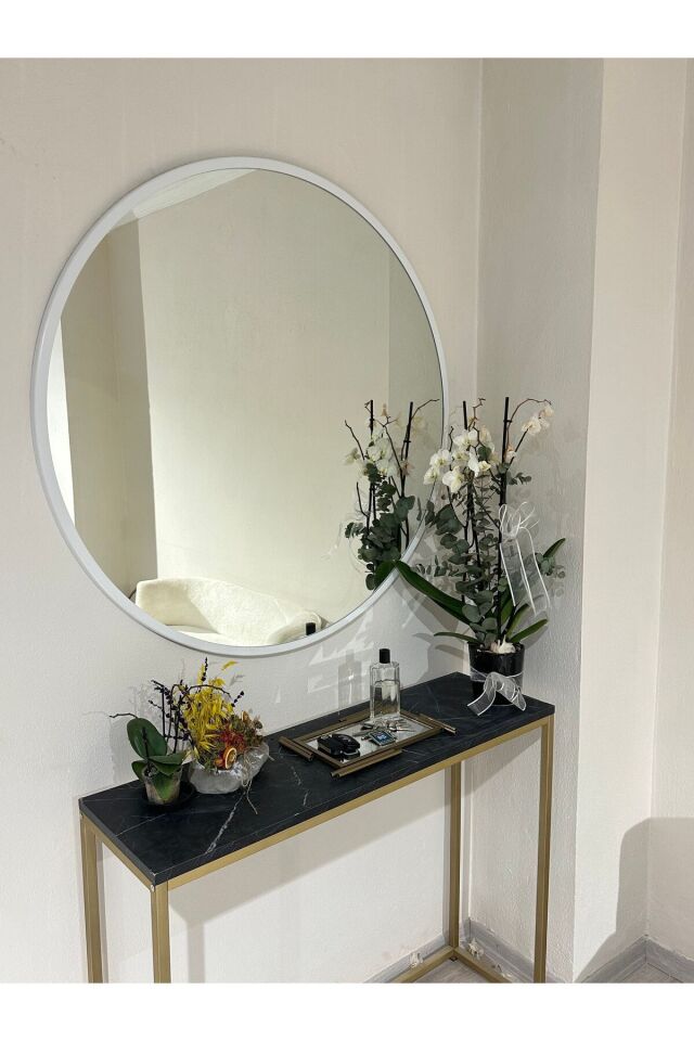 Metal Çerçeve Beyaz Dekoratif Yuvarlak Ayna Çap 90 Cm
