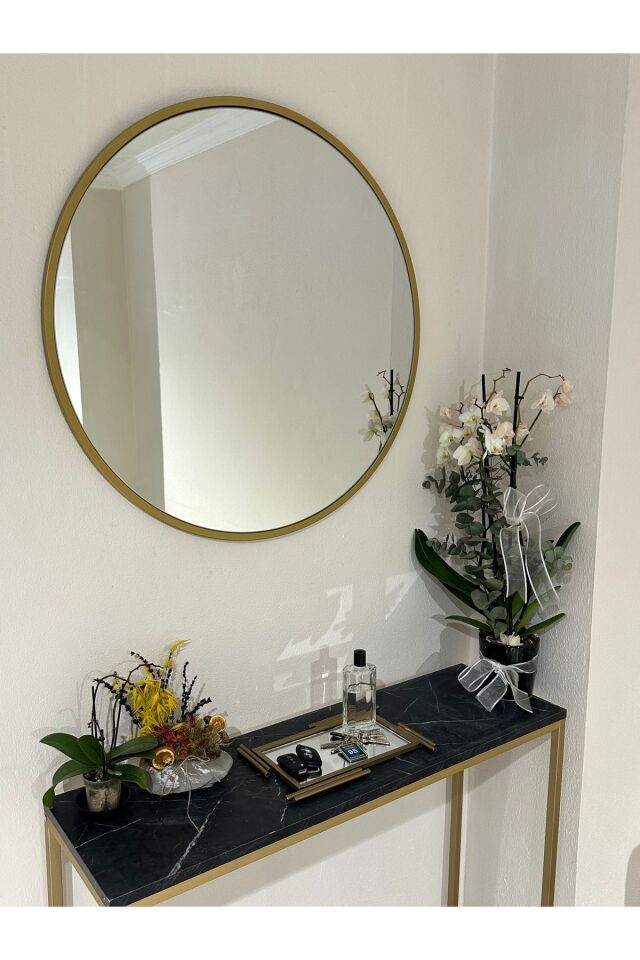 Metal Gold Dekoratif Yuvarlak Ayna Çap 80 Cm
