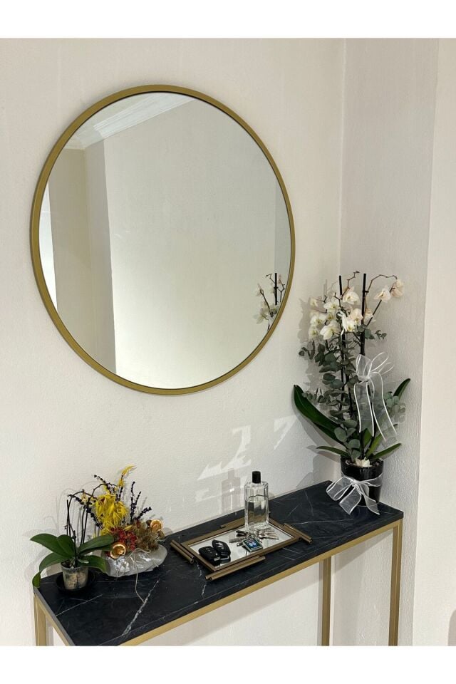 Metal Gold Dekoratif Yuvarlak Ayna Çap 80 Cm