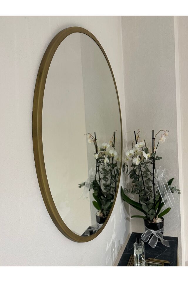 Metal Çerçeve Pirinç Eskitme Dekoratif Yuvarlak Ayna Çap 90 Cm