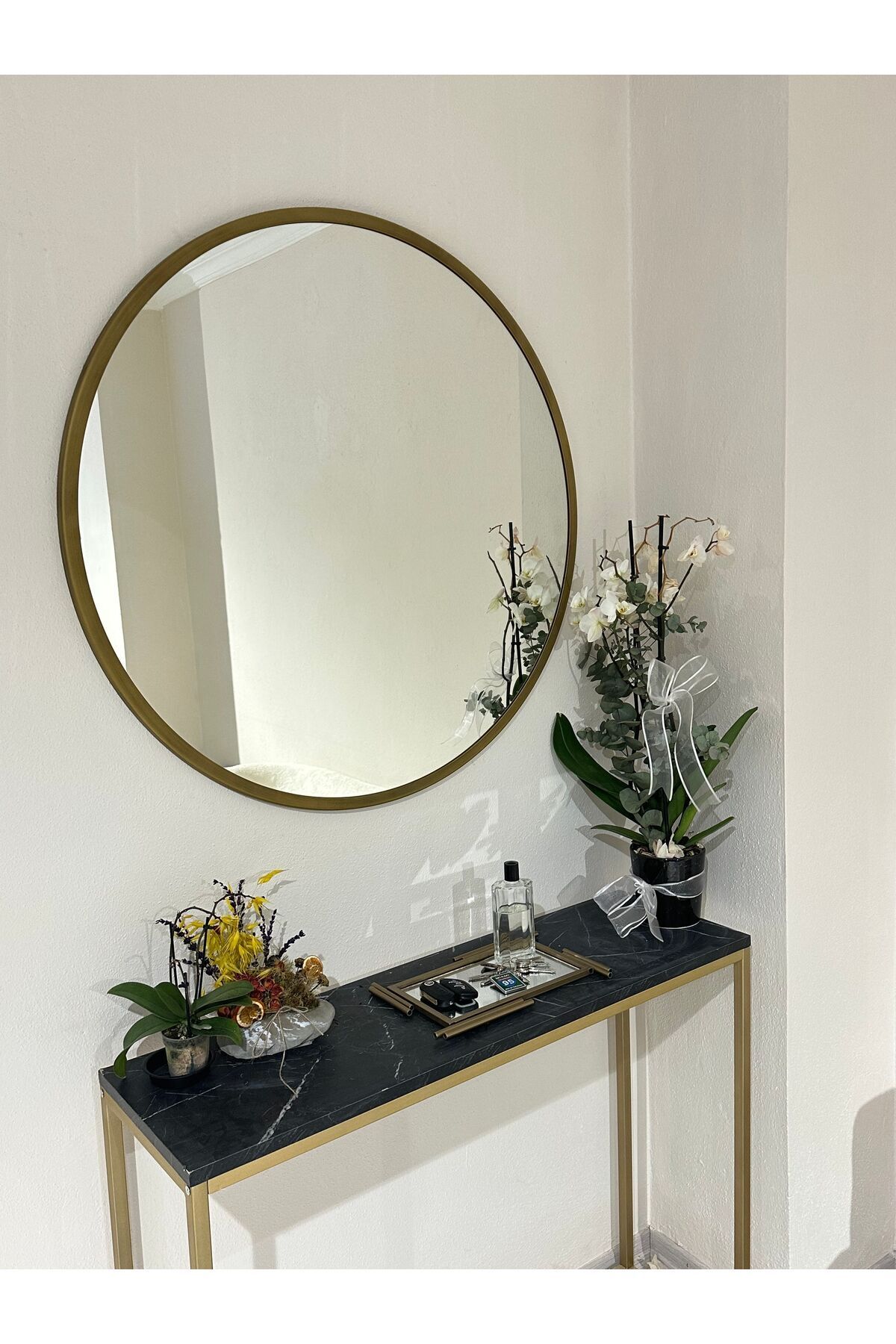 Metal Çerçeve Pirinç Eskitme Dekoratif Yuvarlak Ayna Çap 90 Cm