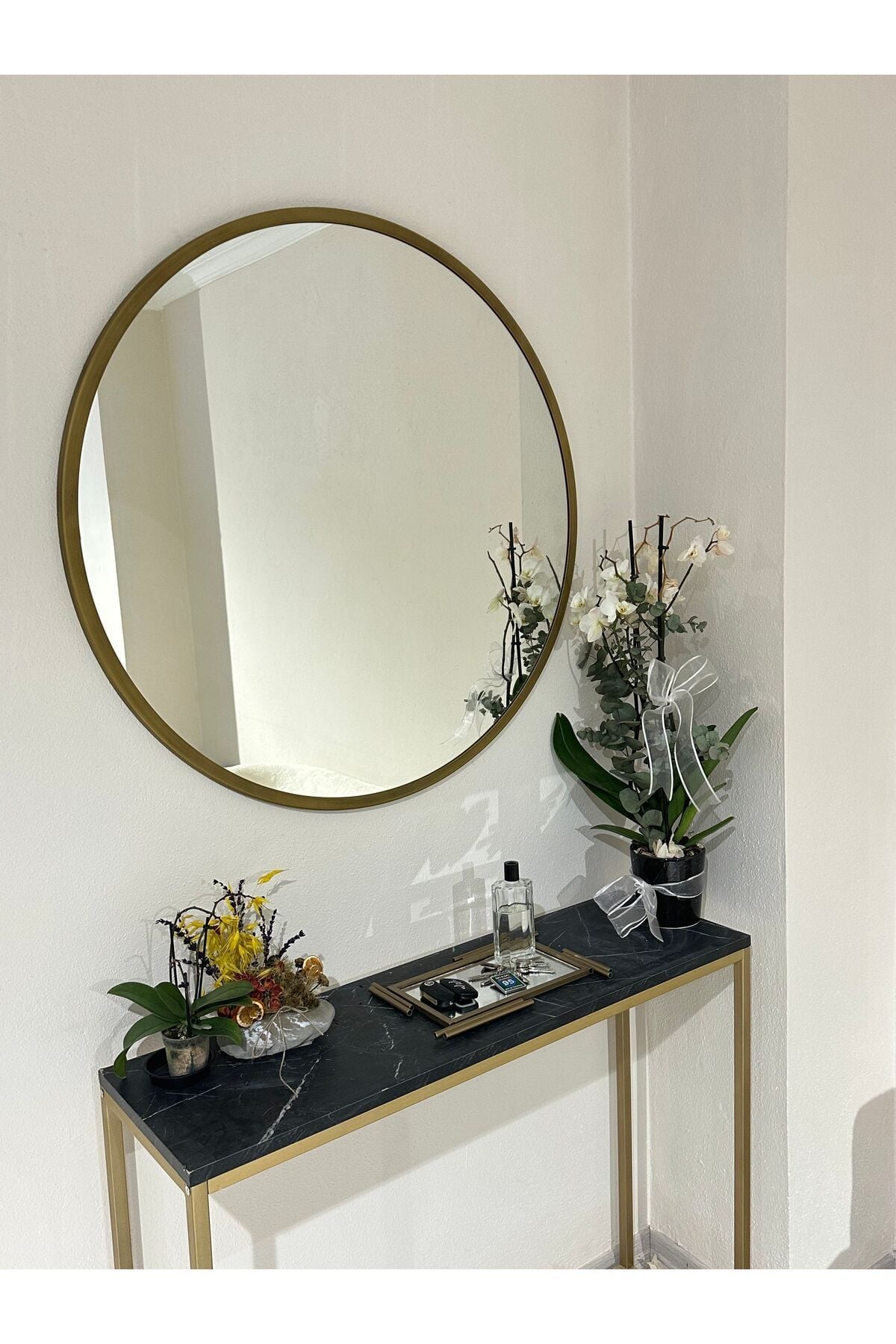 Metal Çerçeve Pirinç Eskitme Dekoratif Yuvarlak Ayna Çap 90 Cm