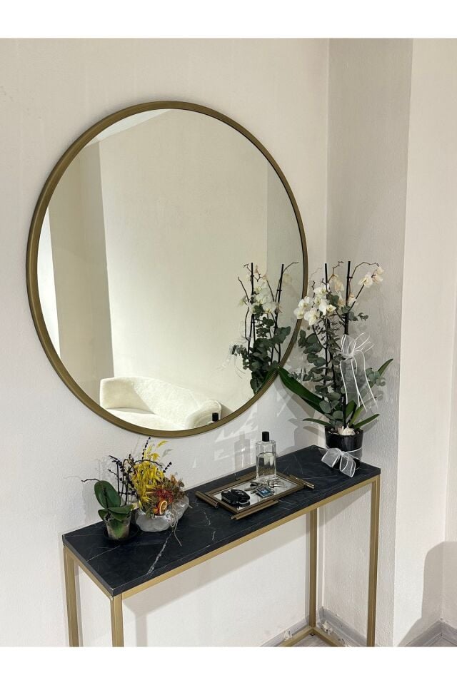 Metal Çerçeve Pirinç Eskitme Dekoratif Yuvarlak Ayna Çap 100 Cm