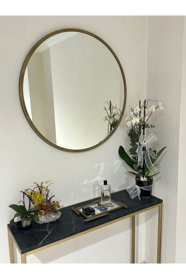 Metal Çerçeve Pirinç Eskitme Dekoratif Yuvarlak Ayna Çap 80 Cm