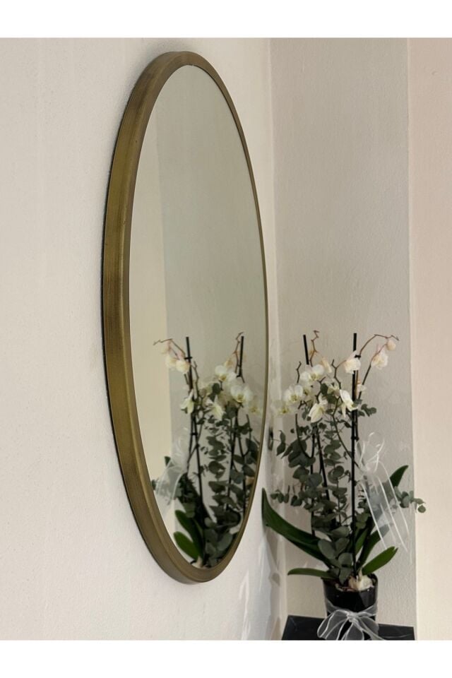 Metal Çerçeve Pirinç Eskitme Dekoratif Yuvarlak Ayna Çap 80 Cm