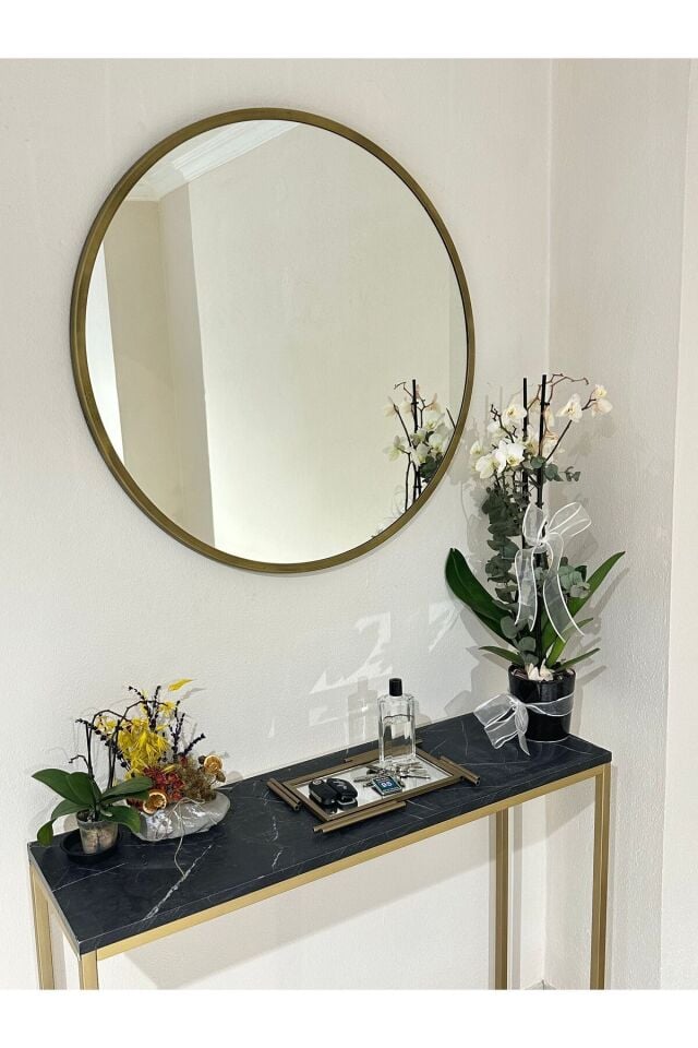 Metal Çerçeve Pirinç Eskitme Dekoratif Yuvarlak Ayna Çap 80 Cm