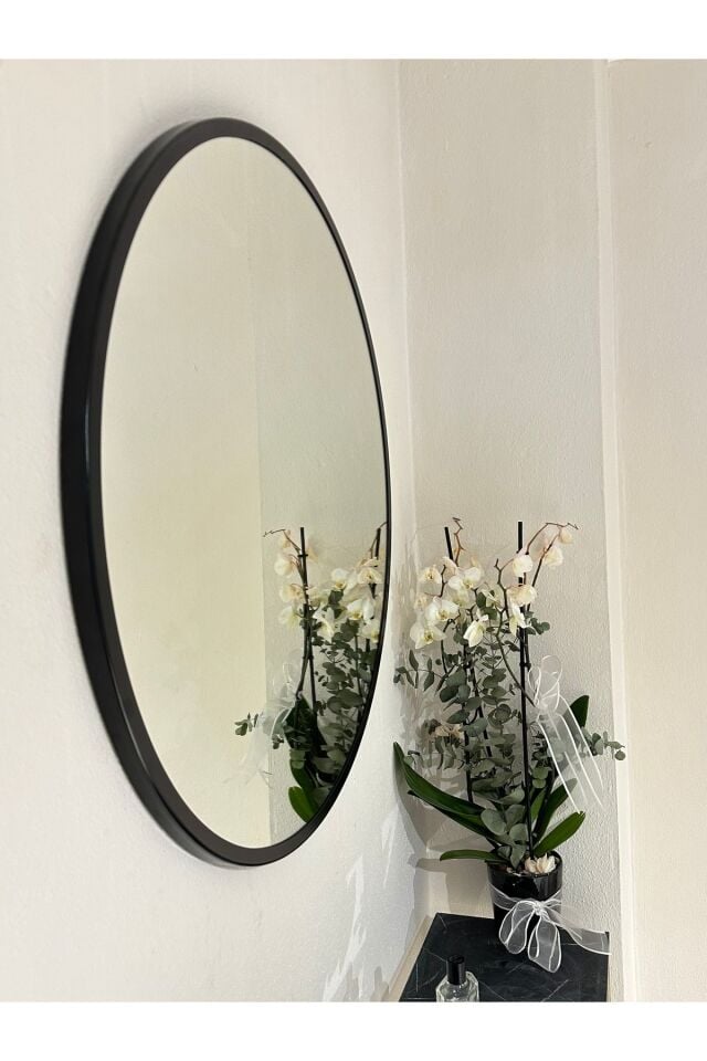 Metal Siyah Dekoratif Yuvarlak Ayna Çap 70 Cm