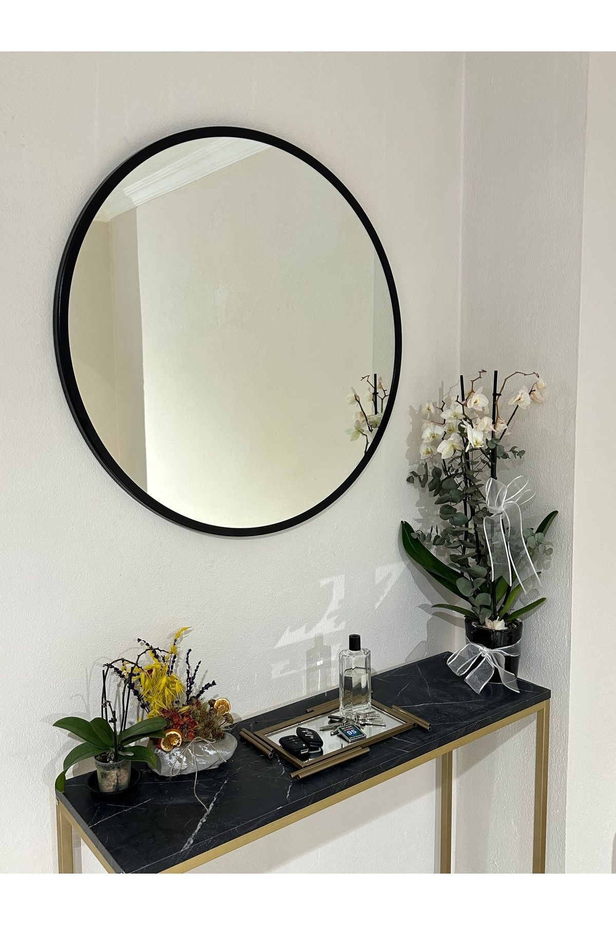 Metal Siyah Dekoratif Yuvarlak Ayna Çap 70 Cm