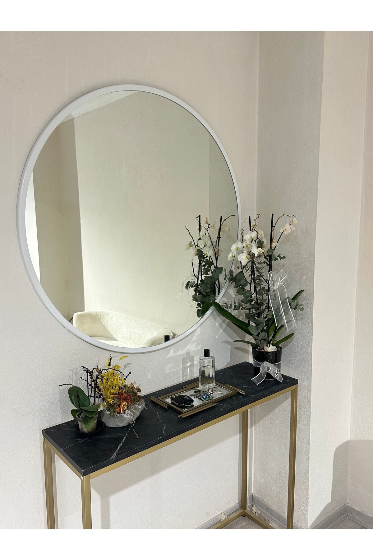 Metal Çerçeve Beyaz Dekoratif Yuvarlak Ayna Çap 100 Cm