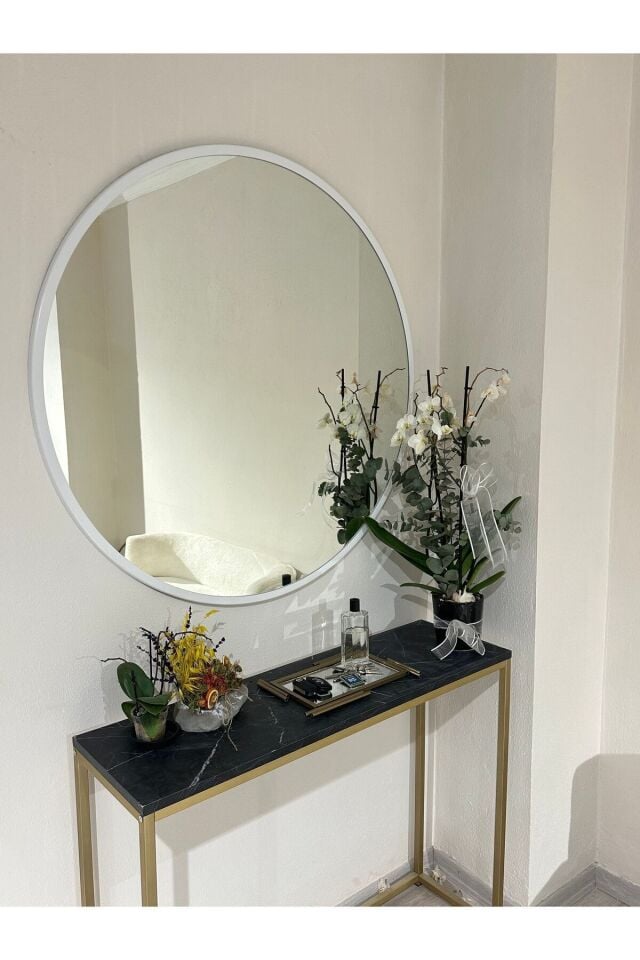 Metal Çerçeve Beyaz Dekoratif Yuvarlak Ayna Çap 100 Cm