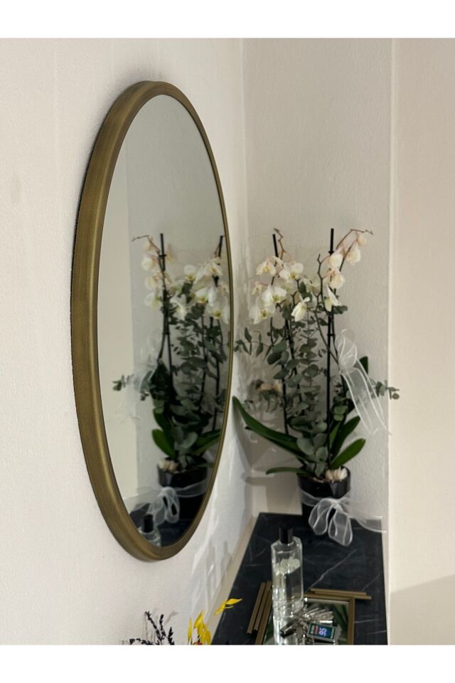 Metal Çerçeve Pirinç Eskitme Dekoratif Yuvarlak Ayna Çap 70 Cm