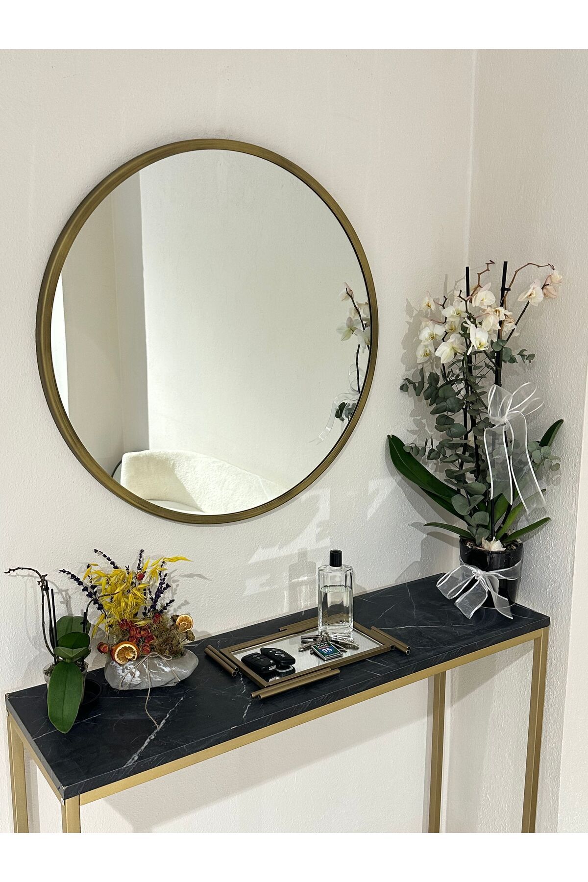 Metal Çerçeve Pirinç Eskitme Dekoratif Yuvarlak Ayna Çap 70 Cm