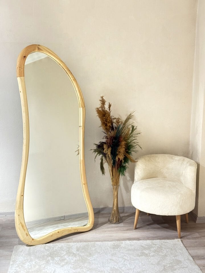 EROS - 80 x 180cm Naturel Ahşap Çerçeveli Ayaklı Boy Aynası