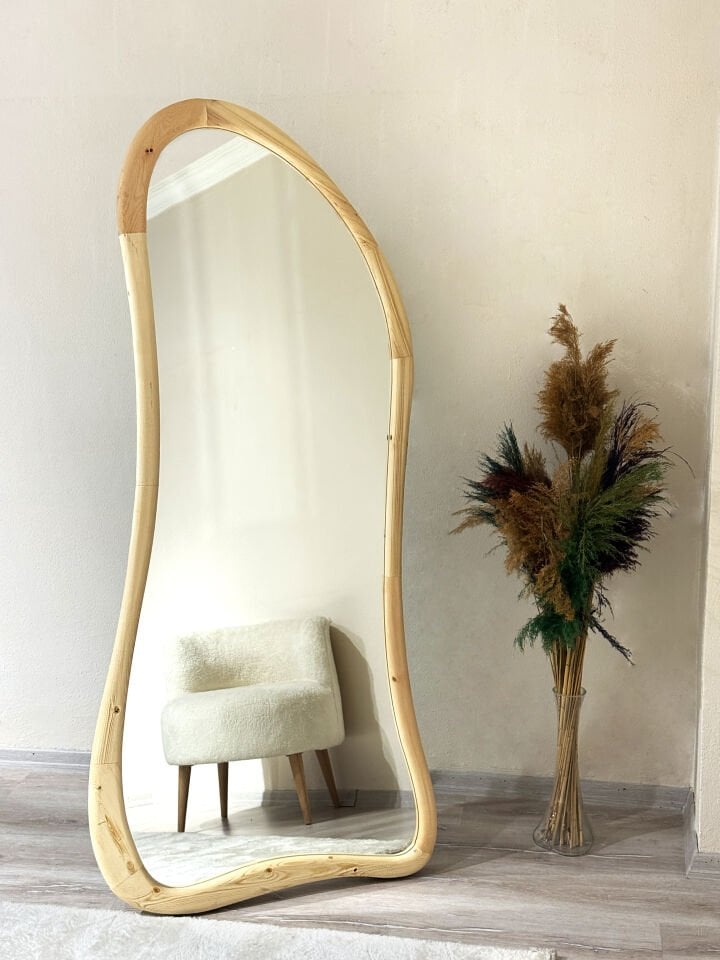 EROS - 80 x 180cm Naturel Ahşap Çerçeveli Ayaklı Boy Aynası